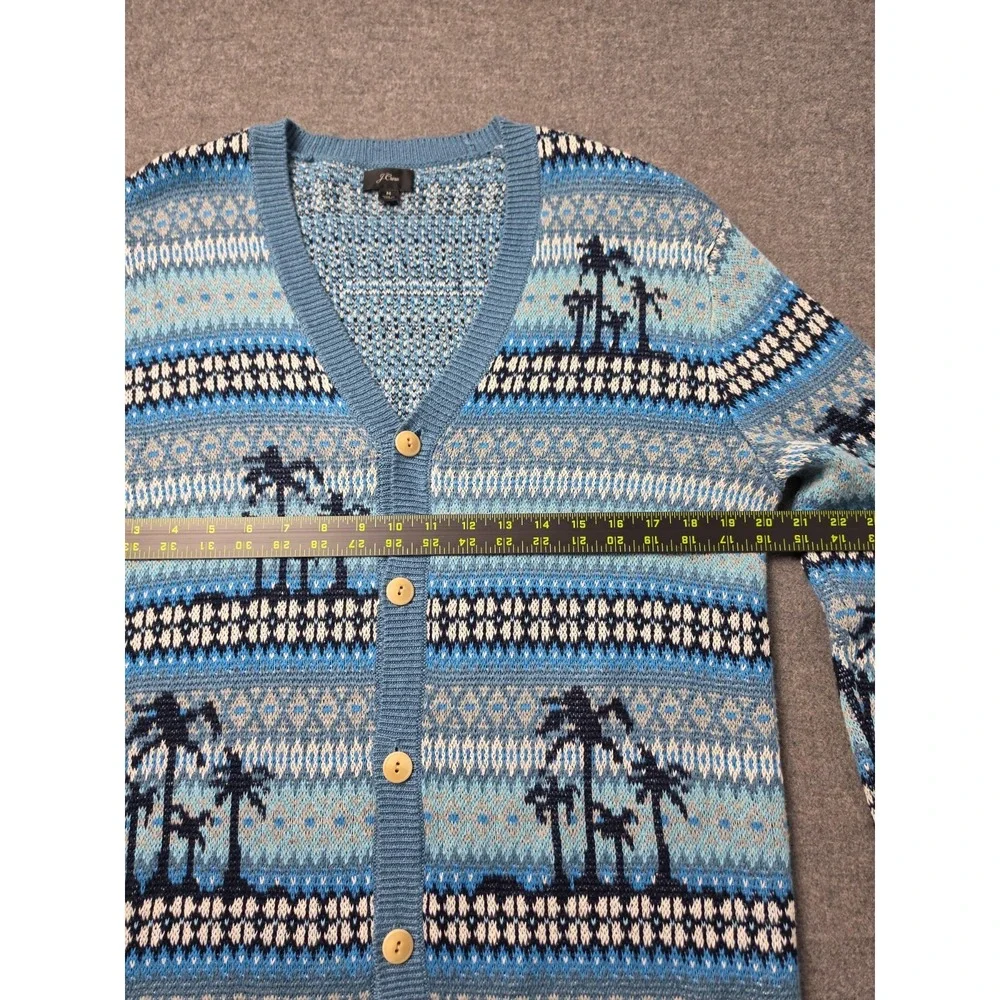 J.Crew Palm Tree Fair Isle Cardigan Sweater Mens Medium Blue Linen Blend Knit
